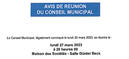Avis de réunion du conseil municipal du 27 mars 2023